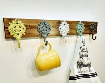 Rustic Wood Hook Rack: Ornate Metal Entryway Decor