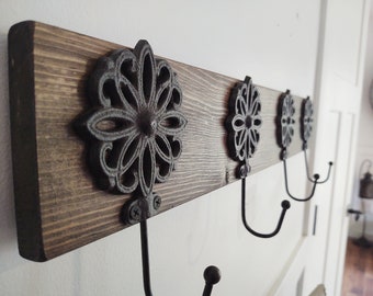 Entryway Coat rack with hooks, Wood coat rack with metal cast iron hooks, coat hooks, coat rack, cast iron hooks, Modern farmhouse coat rack