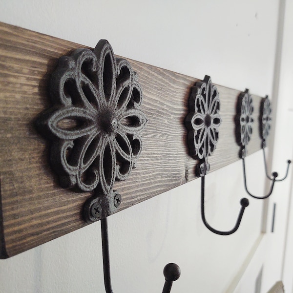 Entryway Coat rack with hooks, Wood coat rack with metal cast iron hooks, coat hooks, coat rack, cast iron hooks, Modern farmhouse coat rack