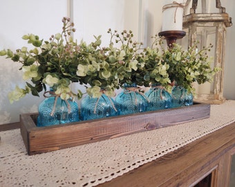 Table centerpiece, blue decor, farmhouse kitchen table centerpiece, rustic centerpiece tray, table decor, home decor, kitchen table decor