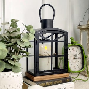 Large candle lantern, farmhouse style lantern, black metal decor, unique gift, rustic table decor, rustic bedroom decor, black metal lantern