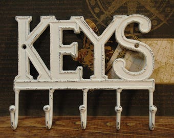 KEYS metal key rack, Key holder, Key hooks, Key rack, Cast iron hooks, metal hooks, shabby white, Wall decor, rustic decor, whitewashed, key