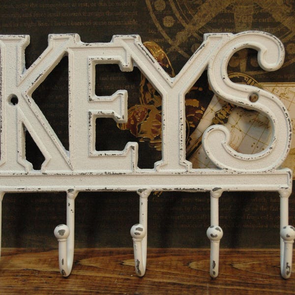 KEYS metal key rack, Key holder, Key hooks, Key rack, Cast iron hooks, metal hooks, shabby white, Wall decor, rustic decor, whitewashed, key