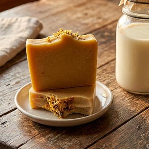 May include: Two bars of handmade soap with dried flower accents sit on a small white plate. A glass bottle with a paper lid and a small ceramic cup with floral designs are next to the soap. The items are on a rustic wooden table.