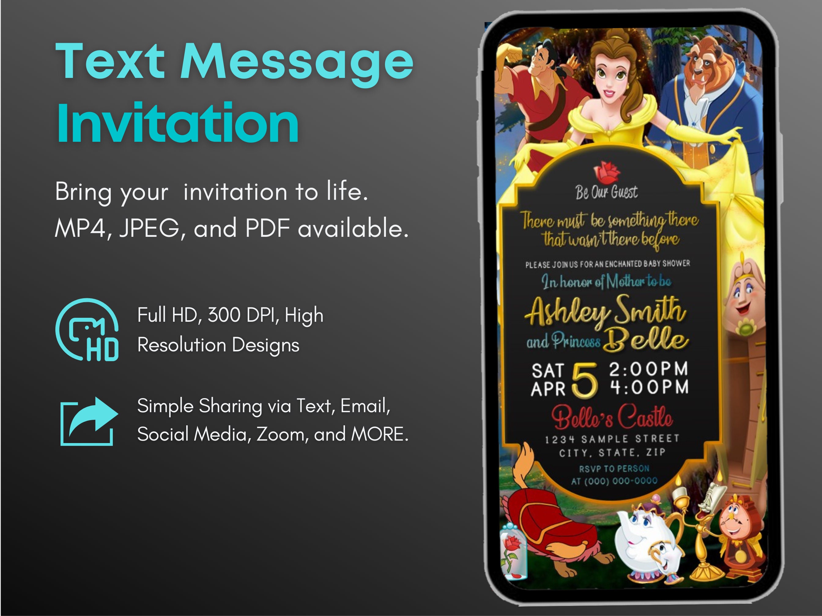 Beauty and the Beast Baby Shower Text Message Invitation Etsy