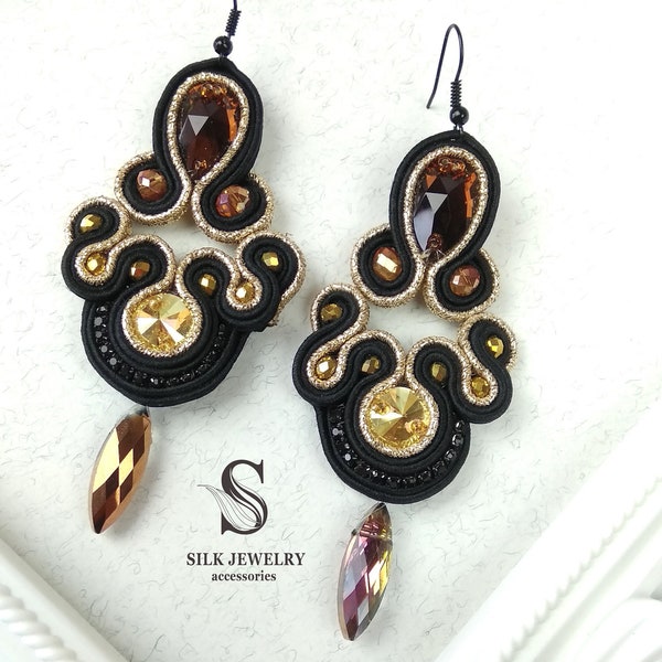 Conjunto Soutache y Swarovski, Pendientes Largos, Pulsera Pendientes Negro Dorados Pendientes Exclusivos