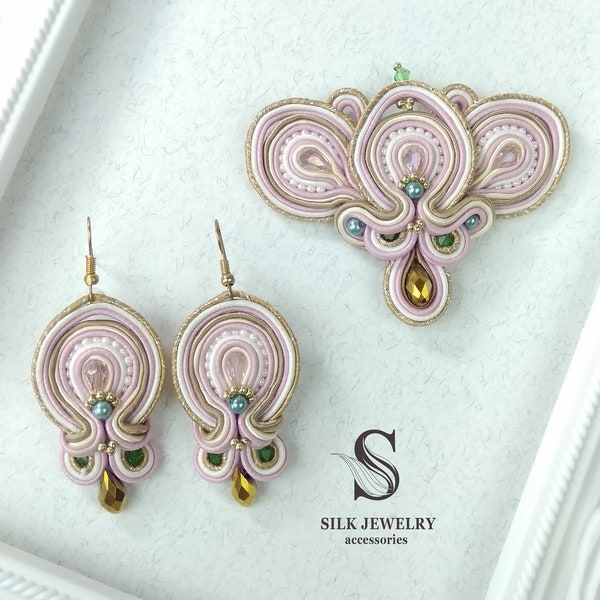 Soutache Brooch – Soutache Earrings - Soutache jewelry set – brooch + earrings