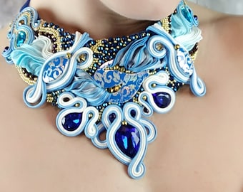 Blue Shibori Silk Necklace: Crystal Embroidered Party Jewelry