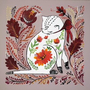 フォークアートの猫の絵画、森の猫の絵画、バーガンディ色の花の中の白い猫、ウクライナの装飾スタイル ペトリキフカ、オリジナルのアクリル画