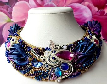 Blue purple Natural Silk Necklace: Soutache Embroidery, Crystal Bridal Jewelry
