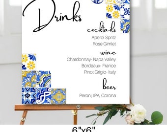 Wedding Drink Bar Menu- 6x6 tile menu fully custom