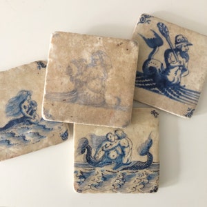 Delft Mermaid Coaster Set- 18th Century Delft tiles, stone coasters,  set of 4