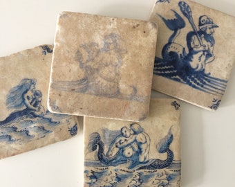 Delft Mermaid Coaster Set- 18th Century Delft tiles, stone coasters,  set of 4