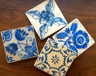 Azulejos Floral Tile Coasters- Portuguese inspired blue tiles, stone coasters, Portuguese Coasters, set of 4