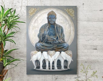 May include: A blue Buddha statue sitting on a platform of white elephants. The Buddha is in a meditative pose with one hand raised in a gesture of blessing. The background is a gray canvas with a gold circle and floral designs.
