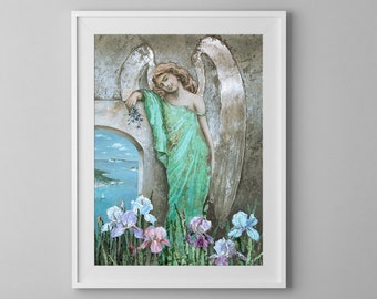 Angel Painting Oil on Canvas Wall Art Home Decor Guardian Angel with Flowers