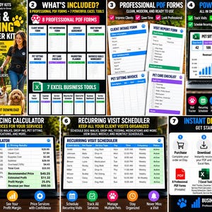 Peut inclure: Un kit de démarrage pour entreprise de garde d'animaux et de promenade de chiens comprenant huit formulaires PDF professionnels et sept outils Excel. Le kit inclut un calculateur de prix, un planificateur de visites et un tableau de bord de suivi.