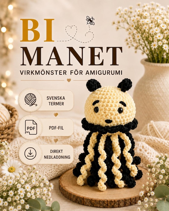 SVENSKA Virkmönster Bi-Manet PDF – Söt Amigurumi Bi, Virkad Plushie i Chenillegarn, Digital Nedladdning