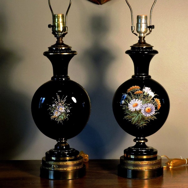 Stunning Hand Painted Black Porcelain Table Lamp With Disc Shaped Center And Raised Floral Design 2-Available