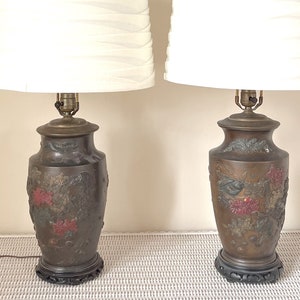 Rare Gorgeous Marboro Hand Painted Brass/ Bronze Relief Asian Style Lamp With Birds Flowers And Dragon Motif On Carved Wood Base 2-Available