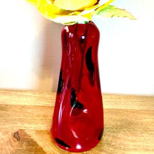 Hand Blown Ruby Red Art Glass Vase With Dark Accents, Pinched Glass and Bubbles 9.5”H