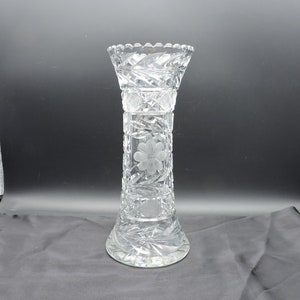 American Brilliant Period 12&quot; Trumpet Vase With Cut Floral And Leaf Motif Crosshatching Square Tooth Rim