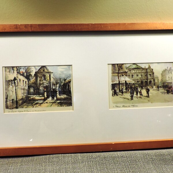 Framed Pair Of French Paris Watercolor Lithograph Prints St Pierre De Montmartre Church And Place de l'Opera Paris Opera House