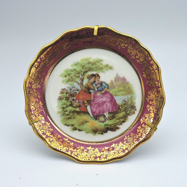 Fragonard Limoges France Traditional Courting Couple Miniature Porcelain Plate With Stand