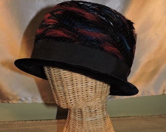 Vintage Ladies Union Label Black Velvet Feather And Fishnet Bucket Hat With Ribbon and Bow
