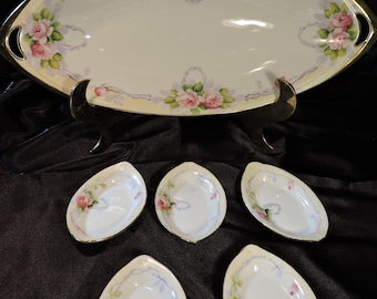 Antique Nippon Hand Painted Celery Dish And 5 Matching Open Salt Dishes
