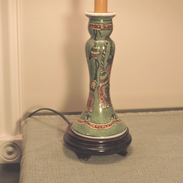 Vintage Porcelain Candlestick Lamp With Chinoiserie Tassel Design And Footed Wood Base 24.5"H