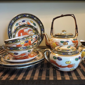 RARE Japanese Hand-Painted Dragonware Moriage Teapot 12 Piece Set With Gold Trim and Raised Details