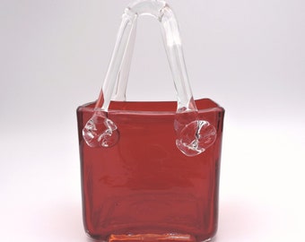 Vintage Hand Blown Murano Red Art Glass Vase With Clear Glass Applied Handles