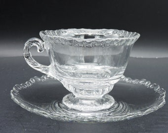 4-Cambridge Gadroon Clear 3500 Blown Glass Tea Cup & Saucer Sets