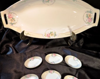 Antique Nippon Rising Sun Hand Painted Celery Dish With 6 Open Salt Dishes With Pink Roses