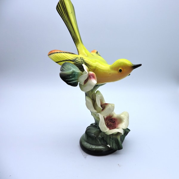 Beautiful Vintage Hand Crafted Ceramic Bird Figurine With Capodimonte Style Flowers 10"H