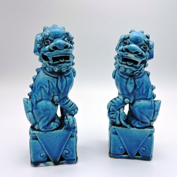 Vintage Pair Of Cerulean Blue Glazed Porcelain/Ceramic Male Female Foo Dogs 7"H