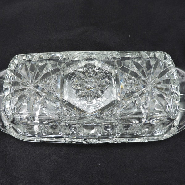 Anchor Hocking Early American Prescut Star Of David Pressed Glass Covered Butter Dish