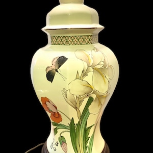 MCM Asian Ginger Jar Porcelain Table Lamp With Floral and Butterfly Design and Wood Base