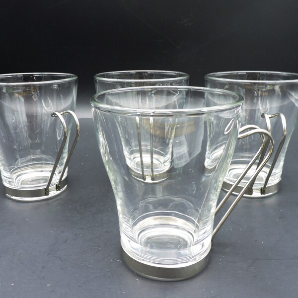 Set Of 4-Vitrosax Glass Coffee Mugs With Silver Tone Metal Holders