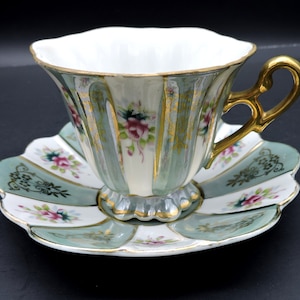 Vintage Iridescent Lusterware Porcelain Paneled Teacup And Saucer Set Styled For Shafford Japan