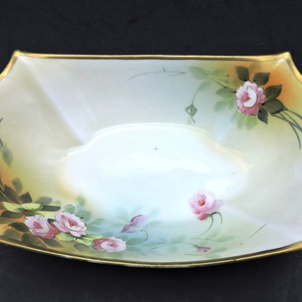 Hand Painted C 1900 Nippon Morimura Bros. Green Wreath Stamp Cut Out 8" Handle Bowl