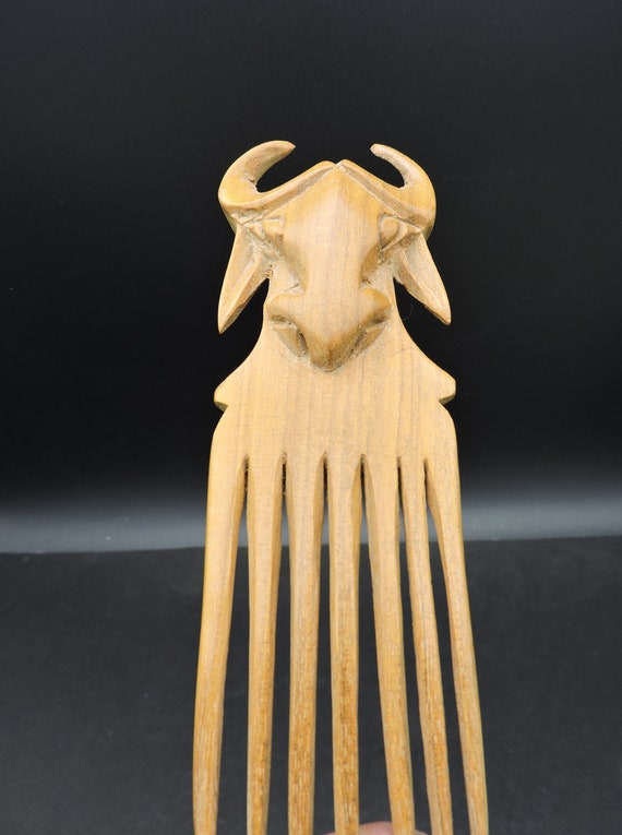 Hand Carved Genuine Wood Bull Design Hair Comb