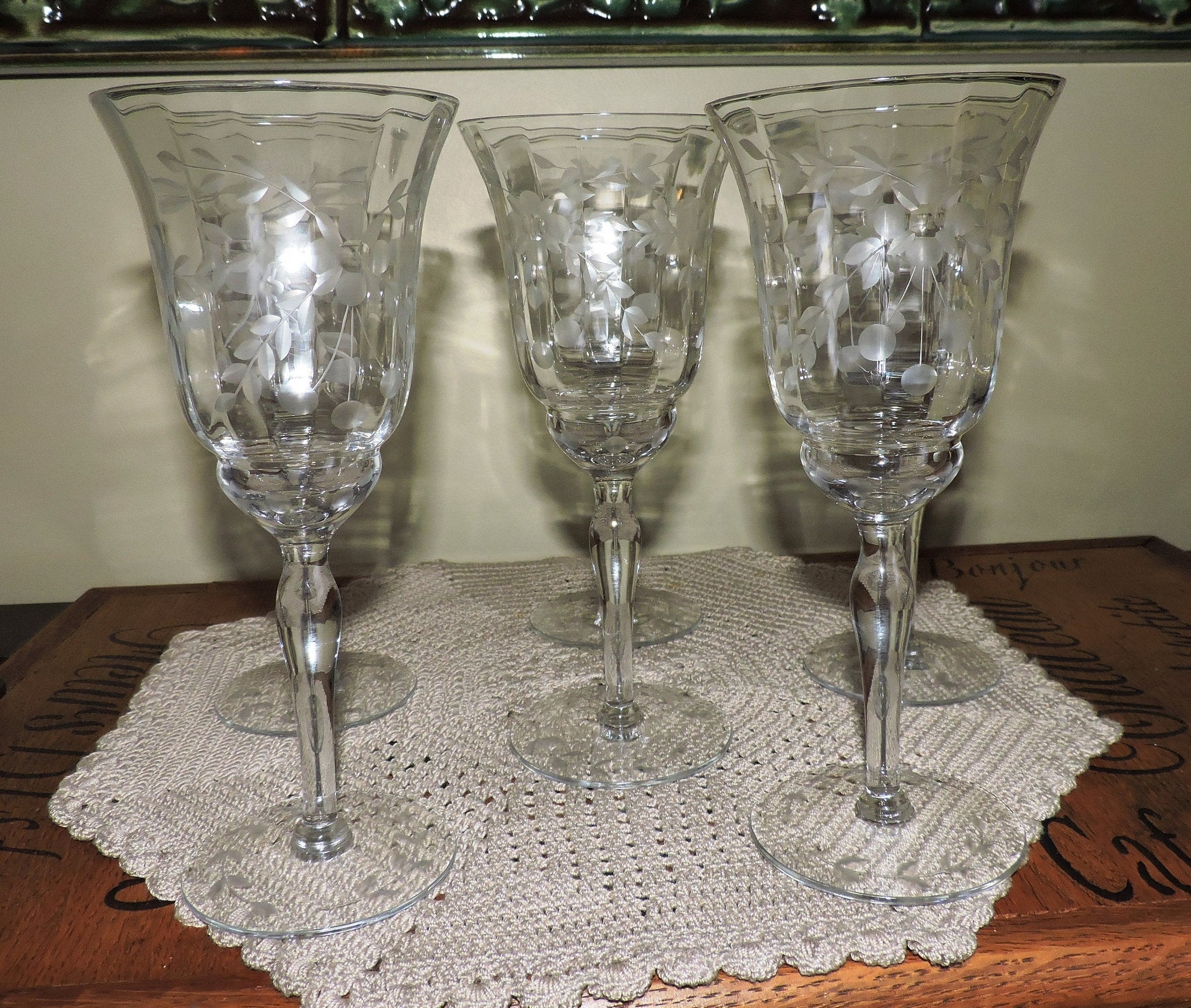 Vintage Wine Goblet Fluted Etched Glass and Foot Crystal Blown Etsy