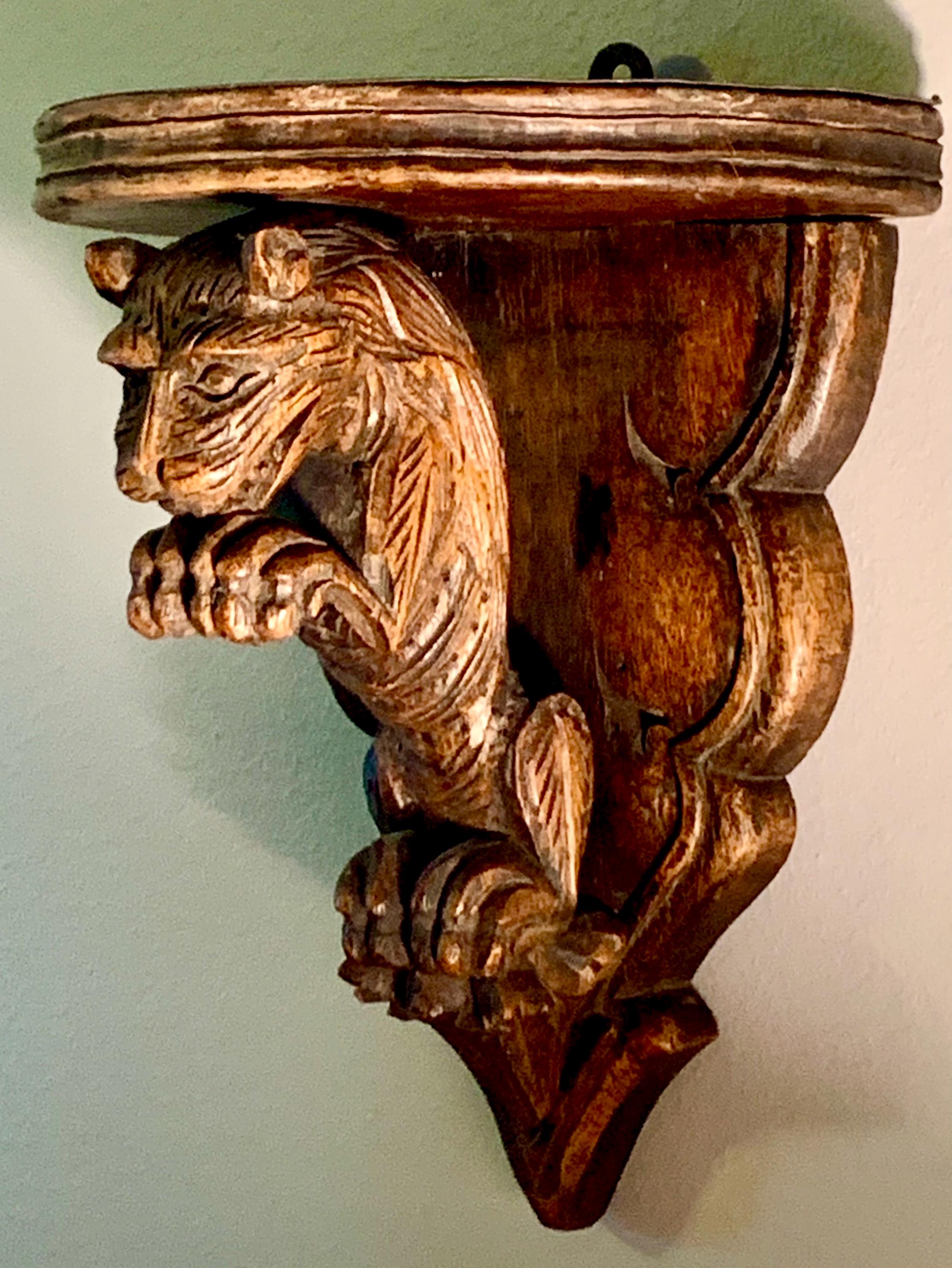 Antique Gothic Hand Carved Wooden Lion Wall Shelf Clock Shelf Wall Console