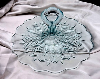 1950's Jeanette Starlight Blue, Aquamarine Blue Glass Feather Pattern With Ornate Center Handle Serving Platter