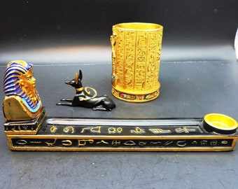 Set Of 3-Ancient Egyptian Themed Collectibles Including King Tut Incense Burner and Pencil Cup With Hieroglyphics And Anubis Ornament