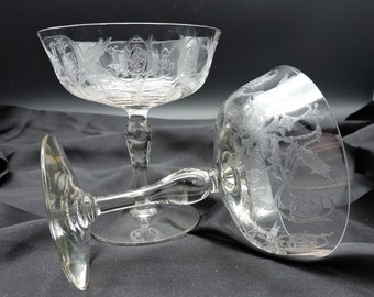 Set Of 2- Vintage Harding Clear Stem #780 Low Sherbet Etch #401 With Etched Phoenix By Central Glass Works