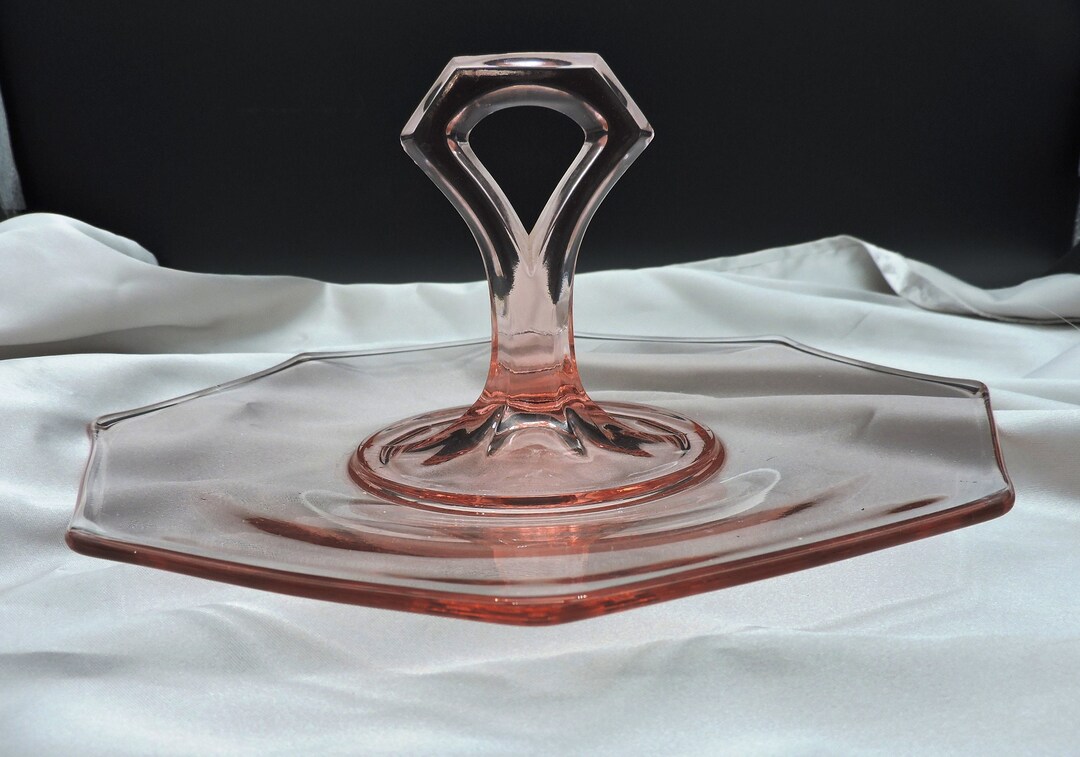 Pink Depression Glass Handled Octagon Tidbit Plate 10 Etsy