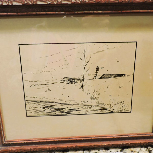 Original 1968 Framed Sketch Of Farm Signed Seege Framed In Carved Wood Frame Under Glass 8" X 10"